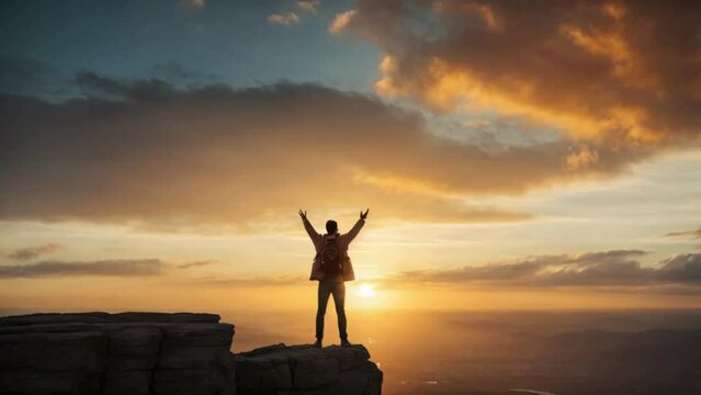 person standing on top of a mountain with arms towards the sky at sunset