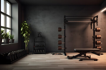 A home gym with a wall mounted adjustable pull up bar