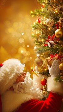 Santa Claus carefully decorates Christmas tree with ornaments and gifts
