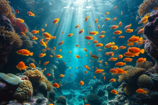 Underwater world full of life and color. Orange fish swim near a coral reef.