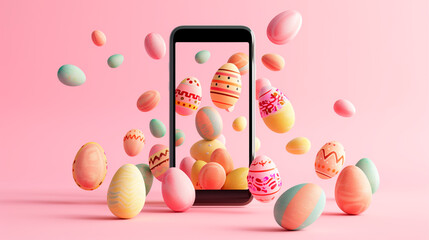Smartphone with Easter eggs wallpaper, social media holiday concept.
