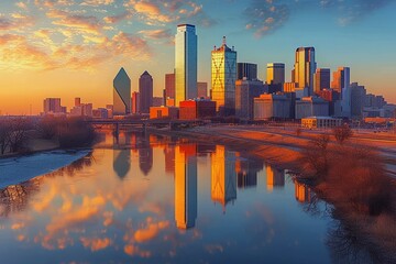 The skyline of Dallas, Texas, with the Trinity River in the foreground reflecting the colors of the sunrise.