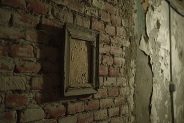 old photo frame hanging on brick wall