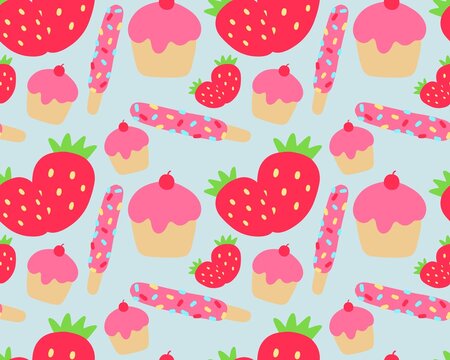 seamless pattern with desserts on blue background 