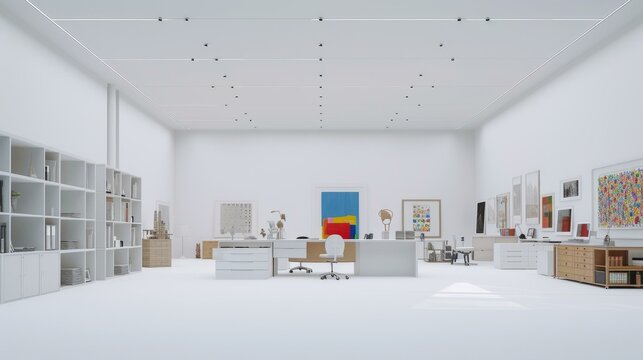 An art studio with white walls and furniture
