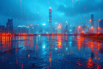 Cityscape of a cyberpunk city with skyscrapers and neon lights reflecting off the wet pavement in the rain