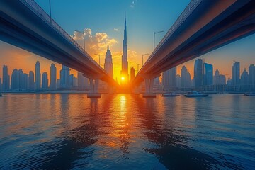 Amazing sunset view of Dubai city skyline from under the bridge