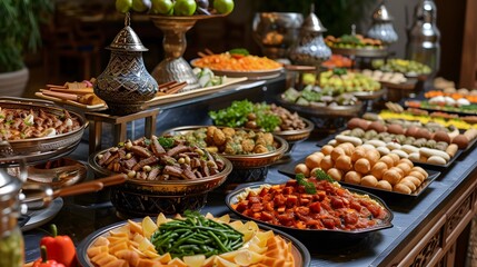Setup of the iftar buffet in kingdom style. - obrazy, fototapety, plakaty