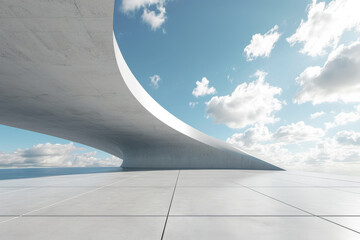 Empty concrete floor for car park. 3d rendering of abstract white curved building with blue sky background.