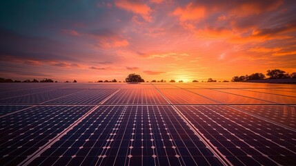 Large solar farm generating renewable energy with beautiful sunset in the background