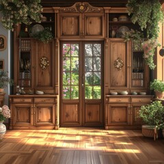 European style wooden cabinet and French windows