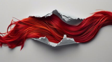 Fototapeta premium Red hair flowing through a torn paper hole
