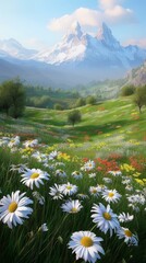 Fototapeta premium Field of daisies with snow capped mountains in the distance