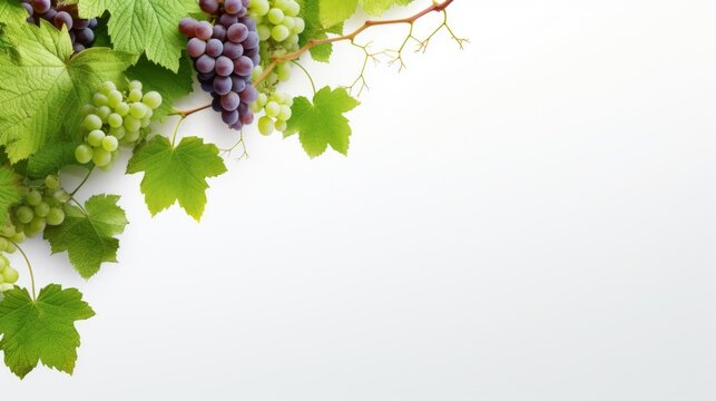 grapevine fruits and leaves as border on white background with copy space