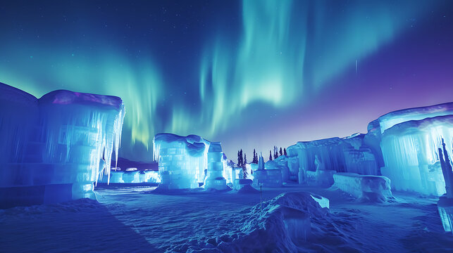 A breathtaking ice castle stands in a stunning winter wonderland, surrounded by the mesmerizing aurora borealis, while magnificent ice sculptures gleam.
