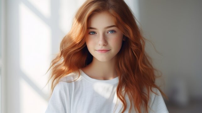 Portrait of cute and pretty young girl with red hairs