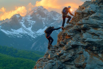 Two men climb a mountain peak during sunrise - obrazy, fototapety, plakaty