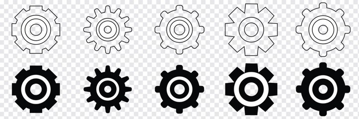 Gear setting vector icon set. Isolated black gears mechanism and cog wheel on white background. Progress or construction concept. Cogwheel icons