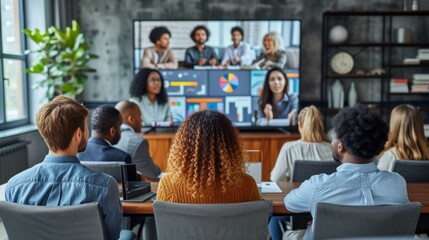 Obraz premium Group of multiethnic business people sitting in the office and having a video conference with their international partners