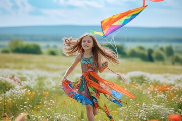 Little girl is flying a kite in the field