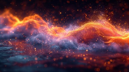 Flowing fiery orange particles with blue smoke on dark background