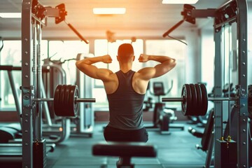 muscular man flexing his muscles in front of a mirror in a gym - obrazy, fototapety, plakaty