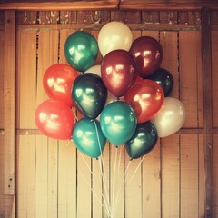 A bunch of colorful balloons in front of a wooden wall