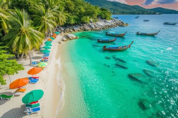 Fototapeta na wymiar Amazing beach with crystal clear water and colorful umbrellas