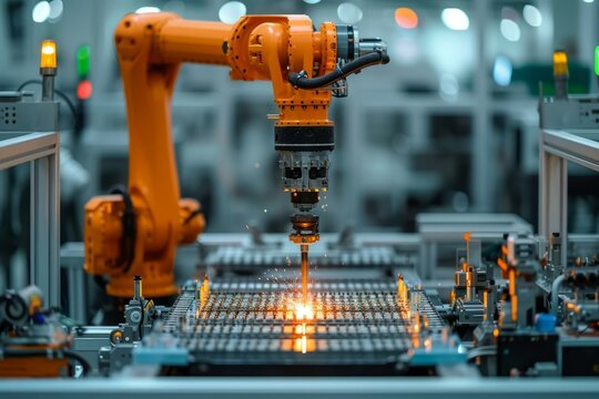 Industrial robot welding on car production line