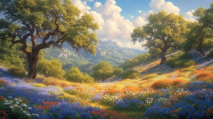 A beautiful landscape of a valley with bluebonnets and other wildflowers in the foreground and a hill country backdrop