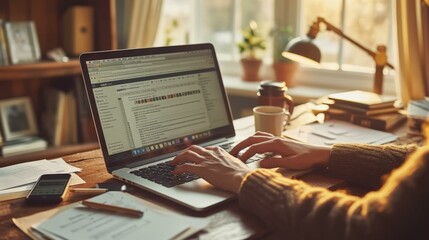 Woman working on laptop in home office