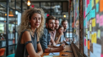 Obraz premium Confident businesswoman with her team brainstorming in the background