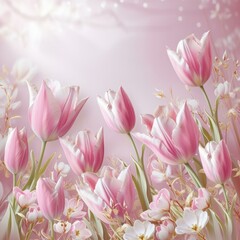 Obraz premium Light pink tulips with white centers and dark pink edges in front of a blurred background of the same flowers in various shades of pink and white