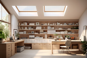 A home office with a sleek wall mounted monitor 