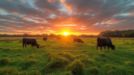 Cows grazing on a lush green pasture at sunset - obrazy, fototapety, plakaty