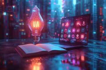 Glowing Light Bulb Above Open Book and Laptop