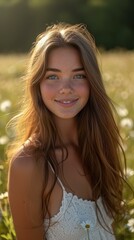 Fototapeta premium portrait of a young woman with freckles and blue eyes smiling in a field of daisies