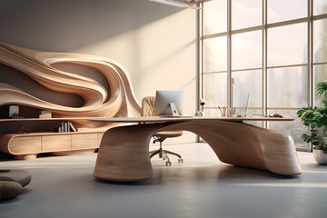 A home office with a sleek wall mounted monitor 
