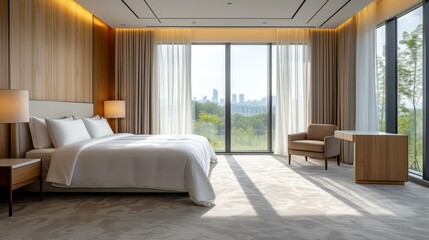 Modern bedroom with large windows and a view of the city