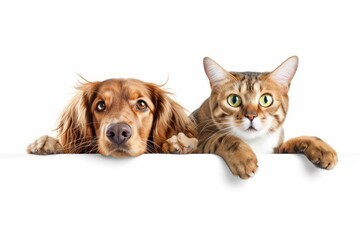 Obraz premium A brown dog and a cat peeking over a white board