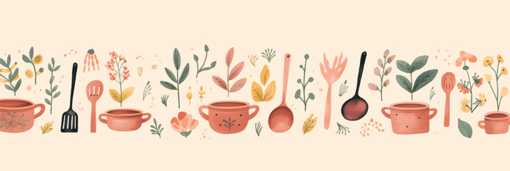 Cooking pots vector set isolated on beige floral background