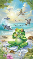 A green frog in a beach drinking juice with a straw surrounded by sea animals and birds