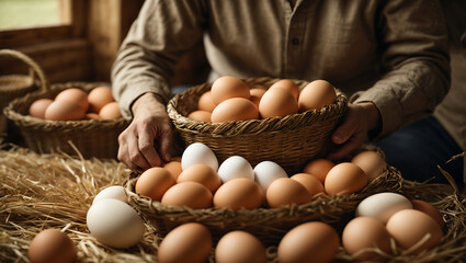 Koszyk pełen świeżych jaj na sianie - obrazy, fototapety, plakaty