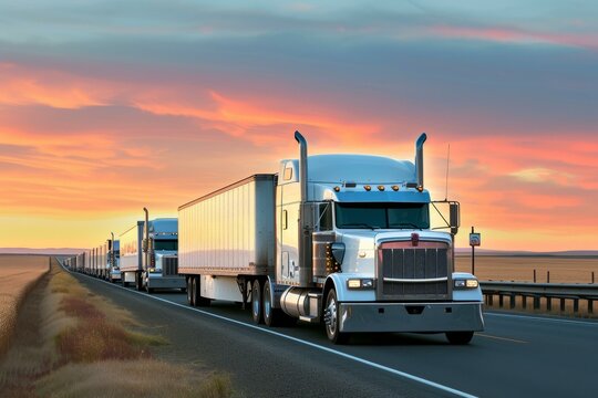A line of trucks drives down a rural highway at sunset