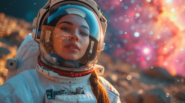 A female astronaut in a spacesuit with a red and white pattern on the chest is standing on a planet with a red and purple atmosphere.