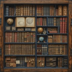A wooden cabinet filled with old books, globes, and other objects