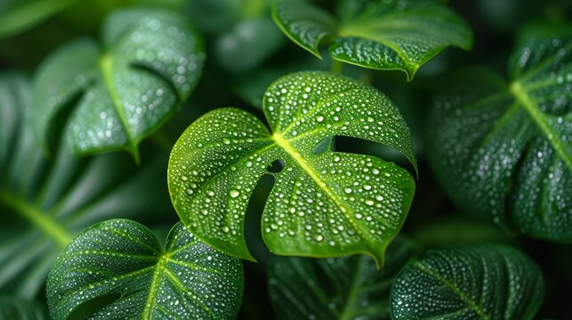 Close-up of a lush green leaf with water droplets