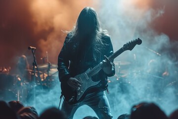 Rock musician playing the electric guitar on stage during a live concert