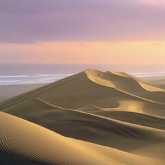 Fototapeta na wymiar A vast expanse of sand dunes in the middle of a desert with the ocean in the background
