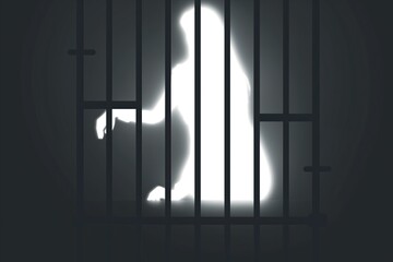 An illustration of a glowing female silhouette sitting behind the bars. Radiating spirit, energy. Jail. Spectre. Incarcerated woman. Culprit. Convict. Suspect. Felon. Woman is a sentenced prisoner